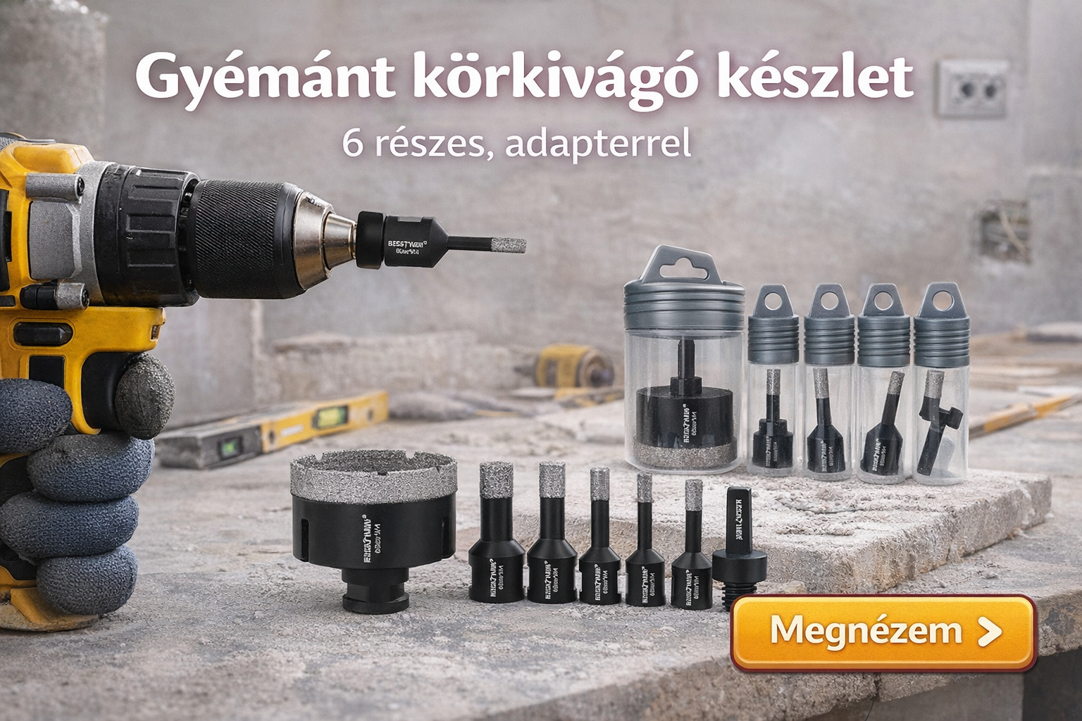6 részes gyémánt körkivágó szett adapterrel, 6–68mm, M14